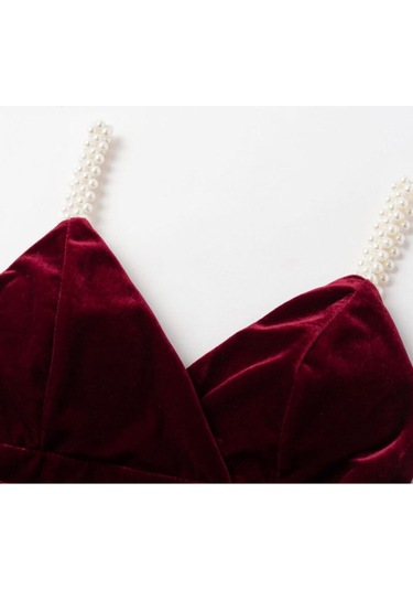 İnci Askılı Skater Kloş Kadife Gece Kokteyl Davet Akşam Yemeği Elbisesi Kırmızı