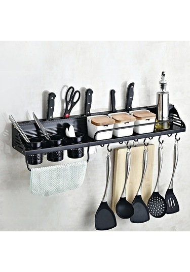 Sones A Versiyon 80cm 3 Bardak 10 Kanca Mutfak Çok Fonksiyonlu Duvara Monte Baharatlık Saklama Rafı Siyah