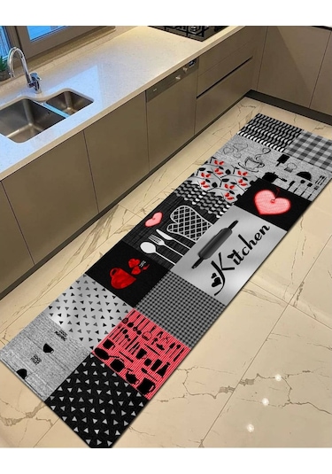 Gri, Kitchen Kaymaz, Pamuk Dokuma Taban Mutfak Halısı (477548470)