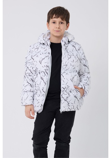 Erkek Çocuk Beyaz Çıkabilir Kapüşonlu Su Ve Rüzgar Geçirmez Cepli Kışlık Şişme Mont & Kaban & Parka Beyaz