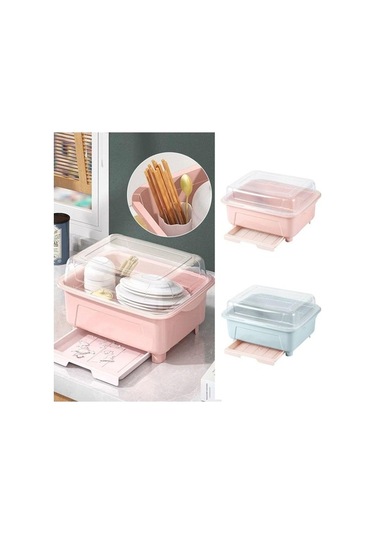 Pazly Kapaklı Plastik Bulaşık Kurutma Rafı - Mutfak Çatal Bıçak Tepsisi - Pembe Renk - Kullanışlı Mutfak Malzemeleri Pembe