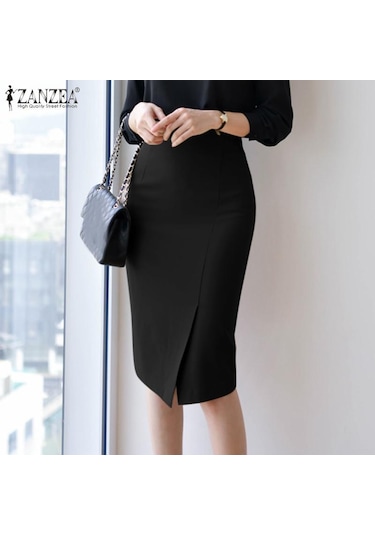 Siyah Zanzea Bayan Günlük Yüksek Bel Yırtmaçlı Kalem Etekler Siyah