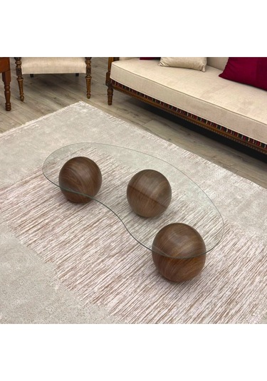 Top Sehpa & Küre Cam Orta Sehpa Kaplama Ahşap Desen Sehpa