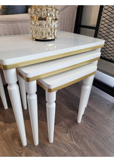 Akset 3lü Lüx Zigon Sehpa Beyaz Gold