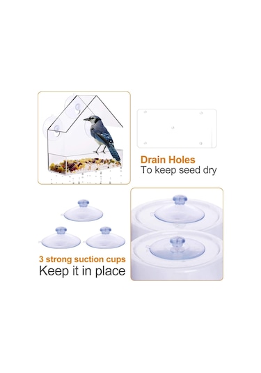 Shineyee Duvara Monte Vakumlu Montaj Kuş Yemliği Şeffaf Akrilik Hafif Su Geçirmez Kuş Yemliği-7