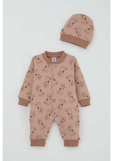Breeze Erkek Bebek Tulum Sevimli Köpekçik Desenli 0-6 Ay, Açık Kahverengi Açık Kahverengi