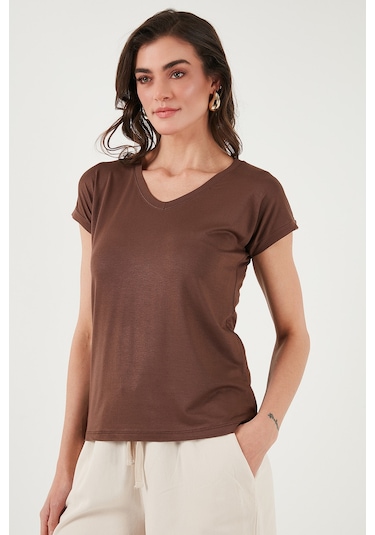 Lela V Yaka Rahat Kesim Yırtmaçlı Bayan Bluz 5862000 Kahve