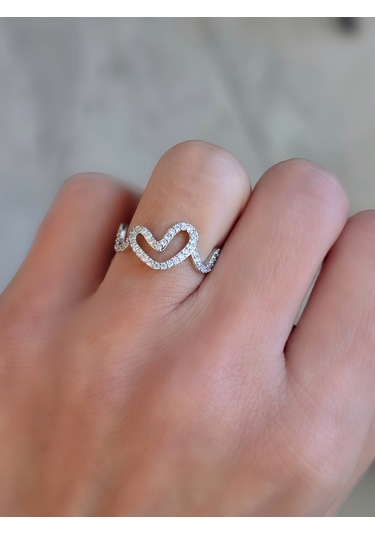 Ayarlanabilir Dalgalı Wavy Kalp Model Zirkon Taşlı Silver Renk Çelik Yüzük Gümüş