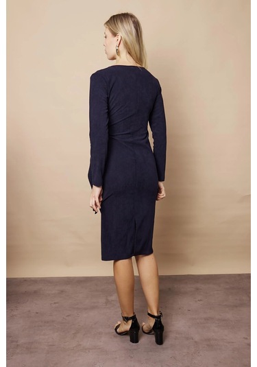 Kadın Kadife Kumaş Kruvaze Anvelop Bağcıklı Uzun Kol Diz Altı Elbise-lacivert Lacivert