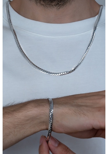 Silver Ezme Yassı Yılan Çelik Unisex Kolye Ve Bileklik Seti Eck36 Beyaz