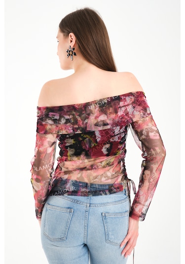 Düşük Omuz Büzgülü Bluz Pembe