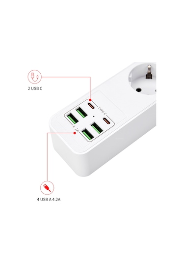 H-01 Hızlı Şarj İstasyonu 3000w 3'lü Priz 2 Metre Uzatma Kablosu