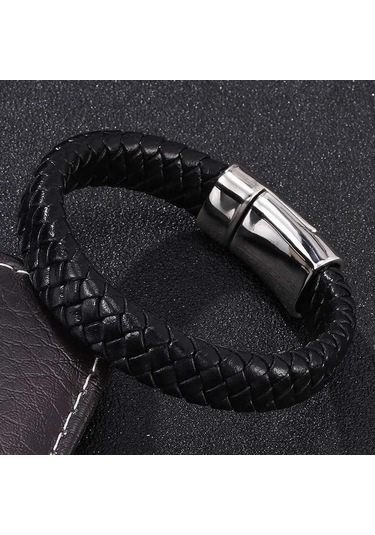 Üniseks Örgülü Hakiki Deri Bileklik Paslanmaz Çelik Tokalı Kadınlar Erkekler İçin Hediye Trend Takı Dokuma Bileklik Siyah