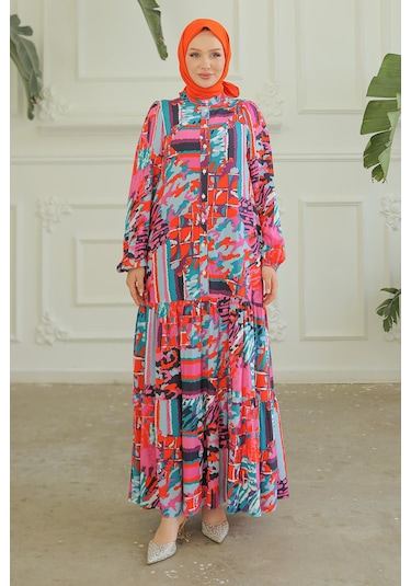 Armine Trend Desenli Renkli Elbise Pembe 24yt952-pembe Pembe