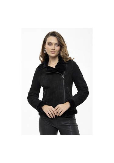 Violet Siyah Fermuarlı Biker Kadın Hakiki Kürk Mont-siyah Siyah