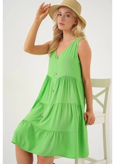 Sıfır Kol Düğmeli Kısa Elbise 2571 - Yeşil Yeşi L