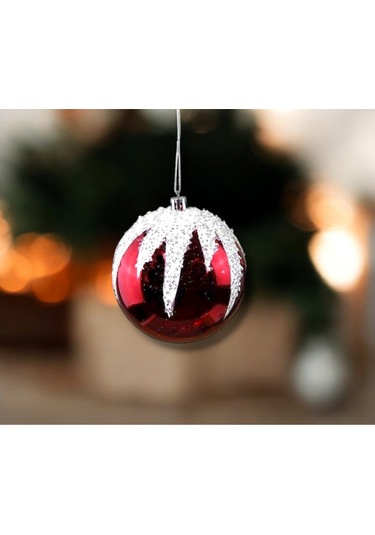 Yılbaşı Süsü Kar Detaylı 2'li Top Kırmızı 10 Cm