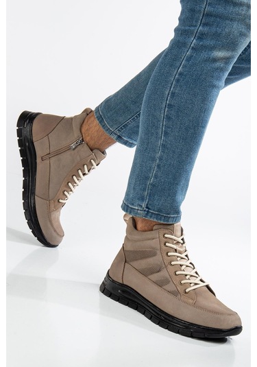 Hakiki Deri Nubuk Erkek Bot Bej Elastik Bağcıklı Yan Baskılı-3497 Bej