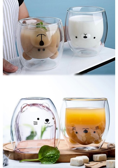 Çift Camlı Cidarlı Sevimli Ayıcık Süt Çay Kahve Su Kupa Bardağı 250ml Ev Ofis Isı Yalıtımlı Bardak