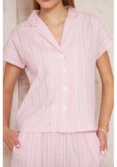 Kadın Özel Kumaş Ceket Yaka Beli Lastikli Kısa Kol Gömlek Cepli Şort Takım 3625290 Pembe
