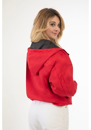 Riverstorm Kadın Kırmızı Su Ve Rüzgar Geçirmez Kapüşonlu Cepli Oversize Yağmurluk - Rüzgarlık Kırmızı