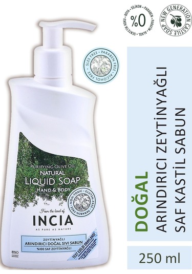 INCIA %100 Doğal Sıvı Kastil Sabunu Arındırıcı Zeytinyağlı 10 Bitkisel Değerli Yağ Vegan 250 ML