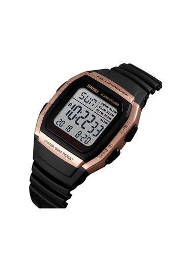 Springsun 1278 Modeli Elektronik Saat - Çift Zaman, Stopwatch, Parlak, Tarih, Alarm, Hafta Günü, 50m Su Geçirmez - Gül Altın Rengi, 39mm, Abs Kasa, Pu Kordon Diğer