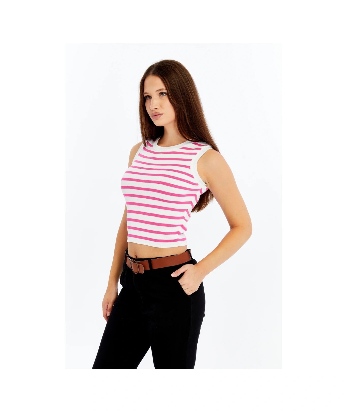 Kadın Çizgili Triko Kare Yaka Crop Atlet Pembe Beyaz Askılı Bluz Pembe