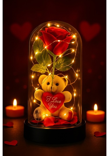 Led Işıklı Mika Fanus İçinde Gül Ve Lüx Peluş Ayıcık 20 Cm Sevgiliye Hediye Kırmızı