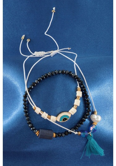 3lü Püsküllü İncili Nazar Boncuklu Asansörlü Bileklik. Lastikli Boncuklu Bileklik. Kadın İp Bileklik Çok Renkli