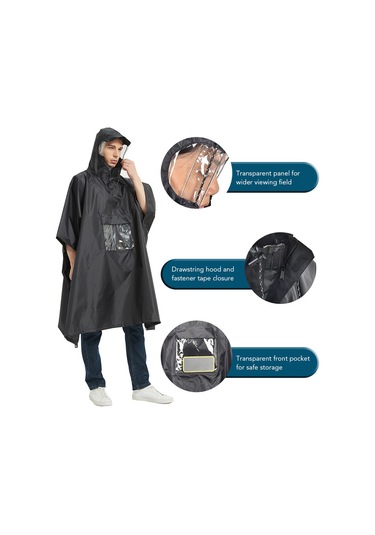 Tomshoo Çok Fonksiyonlu Hafif Su Geçirmez Kapşonlu Yağmur Panço Siyah