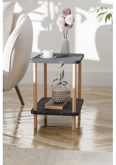 2 Raflı Yan Sehpa Geniş Gazetelik Kitaplık Çiçeklik -siyah