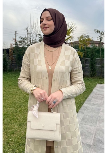 Rabia Şamlı Dama Desenli Taş Triko Hırka Çok Renkli