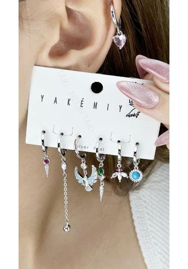 Çoklu, Zirkon Taşlı, Gümüş Pimli, Çelik Küpe 623, Gümüş Renk Gümüş