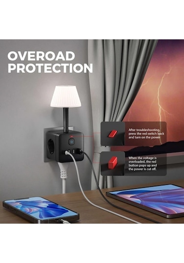 Xuweiwei Beyaz Avrupa Standart Fisli 8li 1 Arada Duvara Monte Priz Masa Lambali Asiri Gerilim Korumali Anahtrli 3 Ac Priz 3 Usb 1 Type C 220 240v