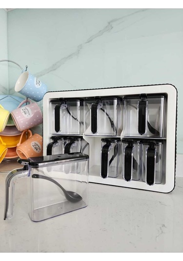 9'lu Baharatlık Takımı Standlı Kendinden Yapışkanlı Kaşıklı Ve Kapaklı Baharatlık Seti Çok Renkli