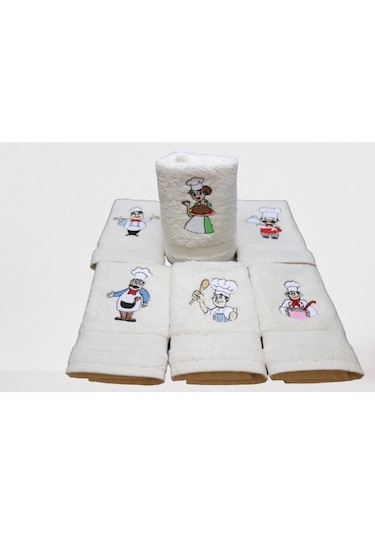 30X30 Aşçı Temalı Nakışlı 6'Lı Kutulu Mutfak Havlu Seti