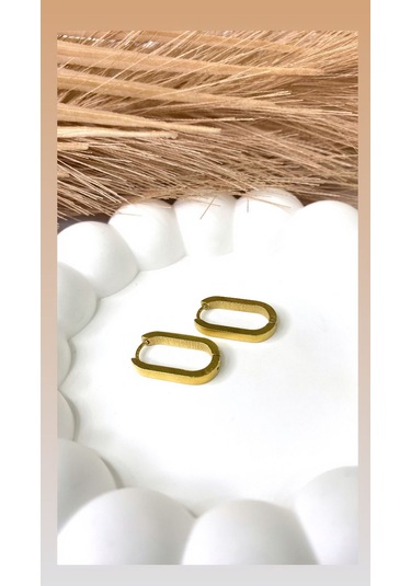 Altın / Gold Renk Oval Dikdörtgen Çelik Küpe Gold