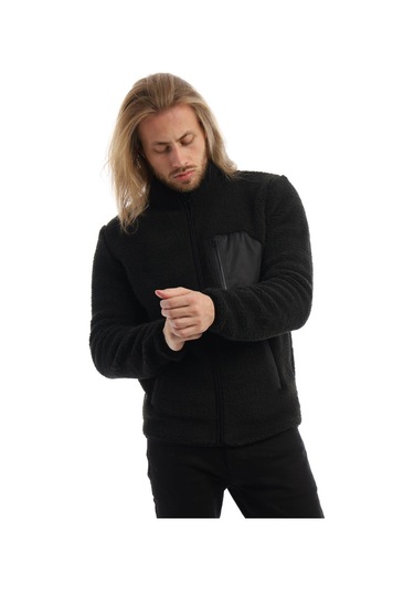 Erkek Dik Yaka Peluş Ceket Siyah