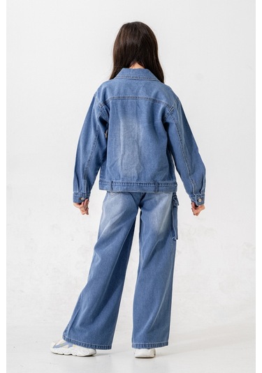 Kız Çocuk Yaka Taşlı Kot Ceket 1548 Mavi