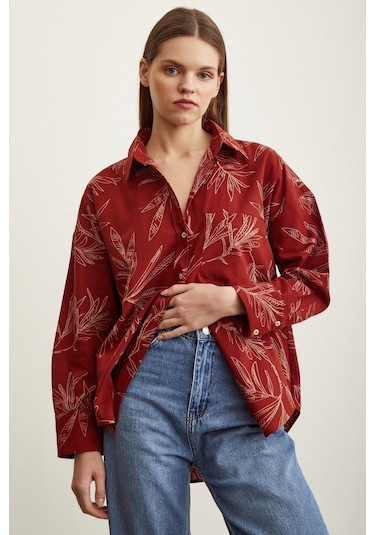 Never More Çiçek Desenli Poplin Gömlek Kiremit