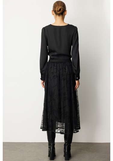 Ekol Kadın Kadife Desenli Tül Etek 2401 Siyah Siyah