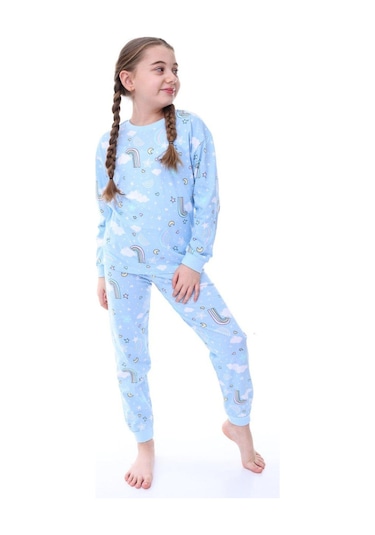 Kız Çocuk Gökkuşağı Desenli Uzun Kollu Pijama Takımı-1076 Mavi