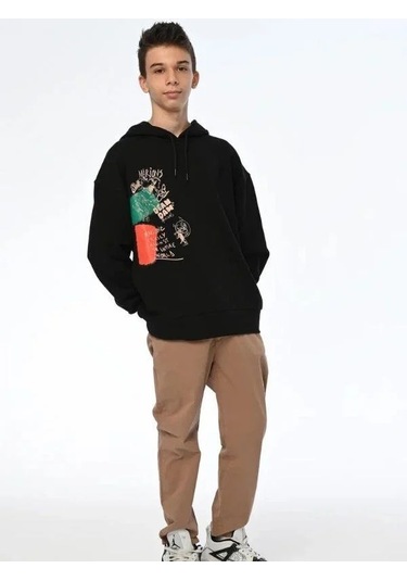 Çocuk Family World Yazıılı Kapüşonlu Sweatshirt-13545 Siyah