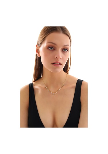 925 Ayar Gümüş Ful Mekik Zirkon Taş Sallantılı Kolye Altın