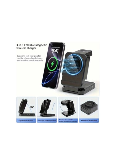 Motion003 Katlanabilir Kablosuz Hizli Sarj Cihazi 3u 1 Arada Cok Fonksiyonlu Siyah Beyaz Telefon Sarj Aleti