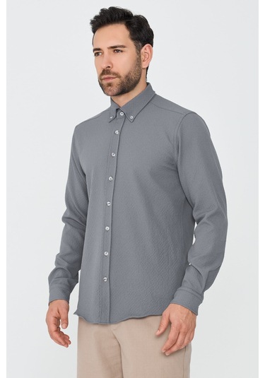 White Stone Gri Mikro Desenli Dynamic Fit Uzun Kollu Gömlek