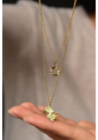 925 Ayar Gümüş Altın Kaplama Kristal Kesim Güneş ve Sincap Asansörlü Kolye