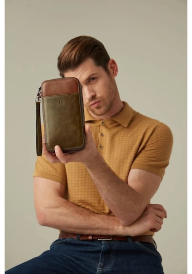 Carlye Hakiki Deri Haki Taba Uniseks Ön Cepli Bileklikli Fermuarlı Rfid Korumalı Çanta Taba