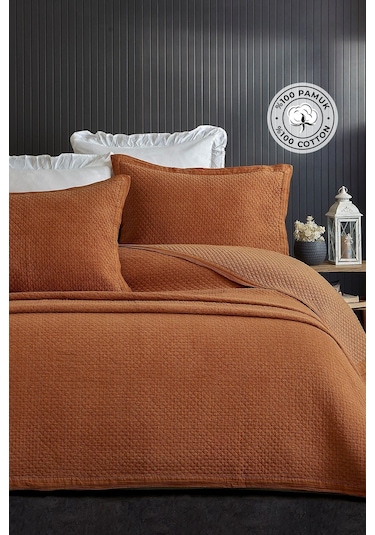 Evlen Home %100 Pamuk Çift Kişilik Özel Taş Yıkama Yatak Örtüsü Lüks Yumuşak Dayanıklı Modern Vitali Turuncu